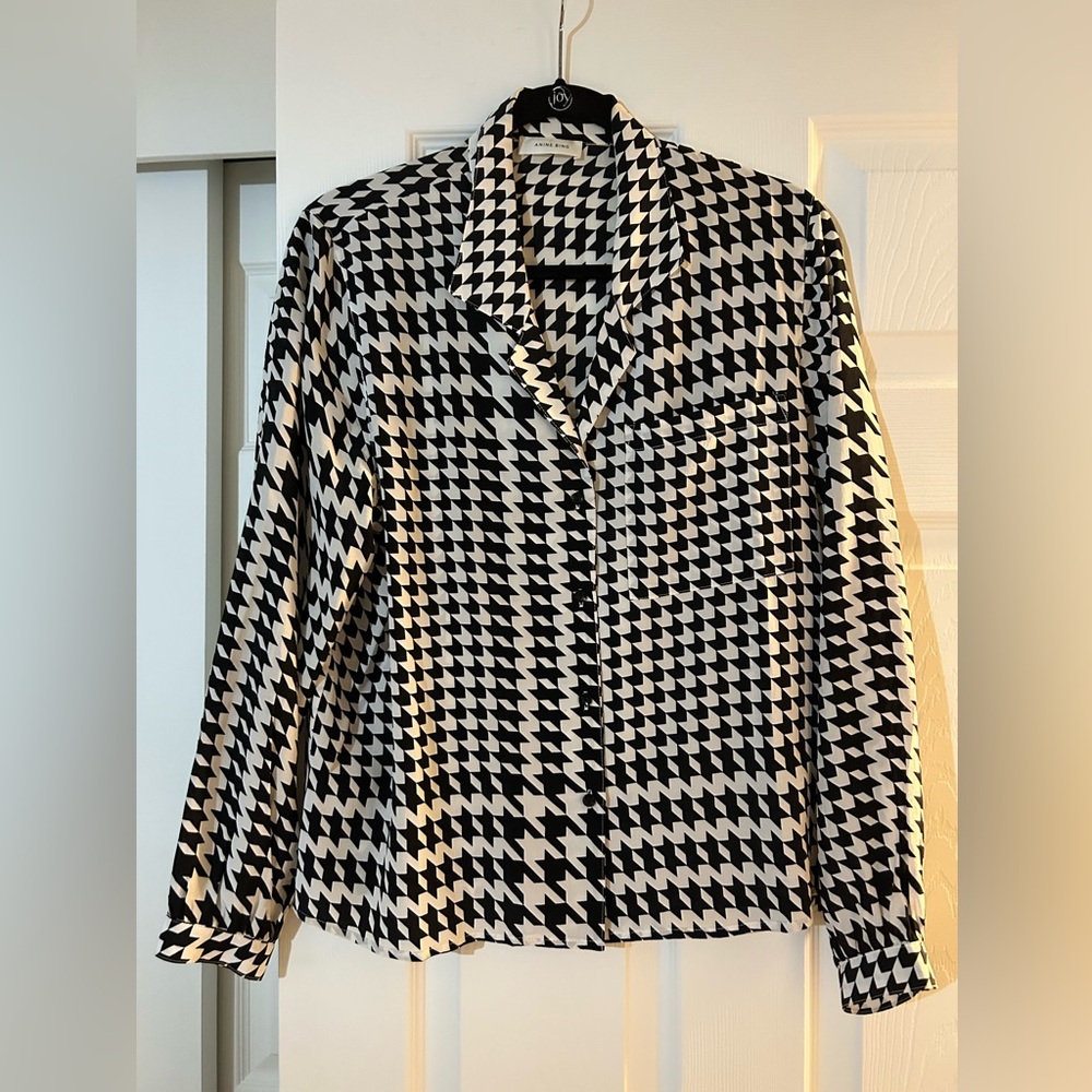 Anine Bing Lilah Houndstooth Silk Blouse